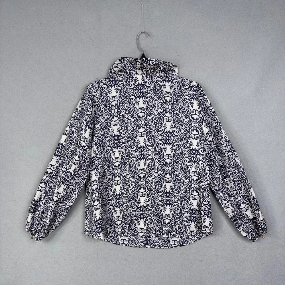 Elizabeth McKay Blouse Womens 12 Navy White Lion Print Silk Ruffle Preppy - Picture 4 of 7
